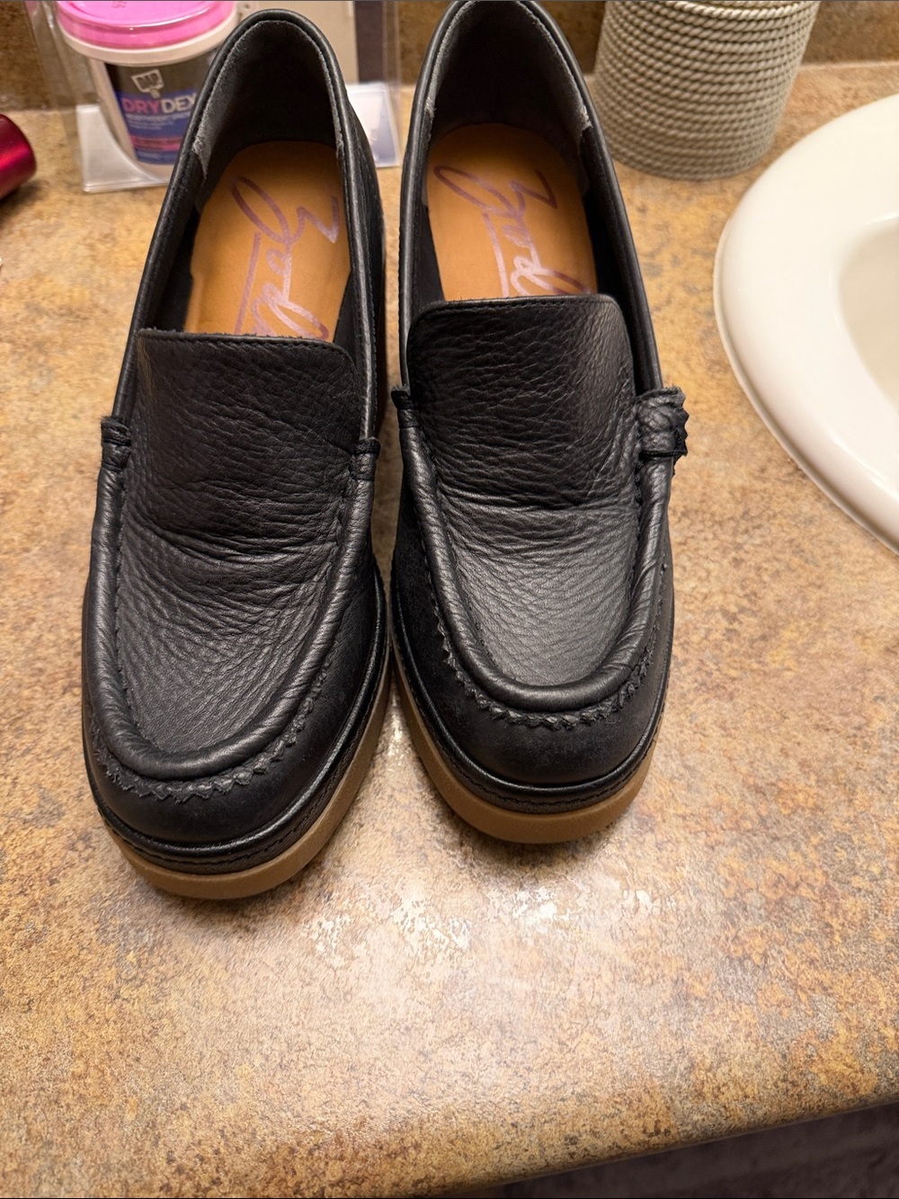 Zodiac Black Leather Slip-On Loafers with Tan Gum Sole